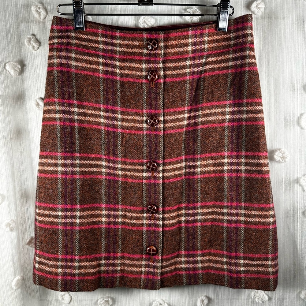 Talbots Women’s Brown and Pink Plaid Button Wool Mini Skirt Size 2P